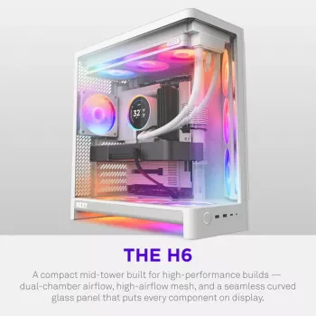 Carcasă gaming NZXT H6 RGB+ 2026 Mid-Tower Airflow albă cu sticlă securizată