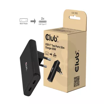 Club 3D CAC-1935 Slim 65W Dual-USB-C-GaN-PD-3.1-PPS încărcător, negru