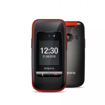 Emporia ONE V200i negru/roșu (2025) – telefon mobil pentru seniori cu buton SOS, stație de încărcare și taste mari iluminate