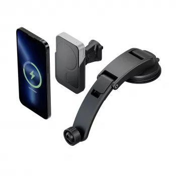 Suport de încărcare auto wireless magnetic universal ALOGIC Matrix cu ventuză și clemă pentru grilă de ventilație, încărcare rapidă 15W Qi, prindere automată, rotație 360°, negru