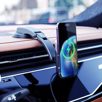 Suport de încărcare auto wireless magnetic universal ALOGIC Matrix cu ventuză și clemă pentru grilă de ventilație, încărcare rapidă 15W Qi, prindere automată, rotație 360°, negru