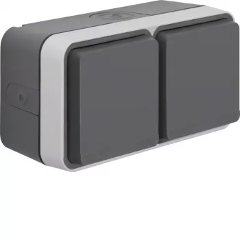 Priză dublă SCHUKO de suprafață Hager WNC144 cu capac rabatabil, IP55, gri