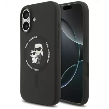 Husă MagSafe din silicon Karl Lagerfeld Karl & Choupette Ring pentru iPhone 17 - neagră
