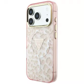 Husă MagSafe GUESS IML Leopard Glitter Triangle Logo pentru iPhone 18 Pro Max / 17 Pro Max, roz