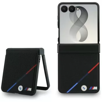 BMW M Husă MagSafe din piele perforată cu dungi tricolore pentru Samsung Galaxy Z Flip8 - negru