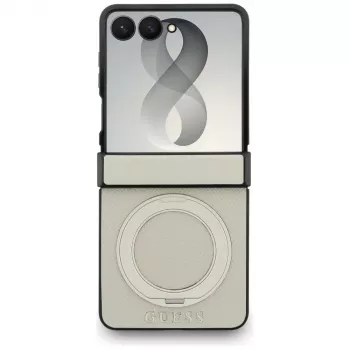 Husă MagSafe Guess Magnetic Ring Stand Grained Classic Logo pentru Samsung Galaxy Z Flip 8, bej