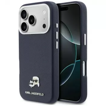 Husă MagSafe Karl Lagerfeld Karl & Choupette Head Pins Saffiano pentru iPhone 17 Pro Max - albastru
