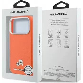 Husă MagSafe Karl Lagerfeld Karl & Choupette Head Pins Saffiano pentru iPhone 17 Pro Max – portocaliu