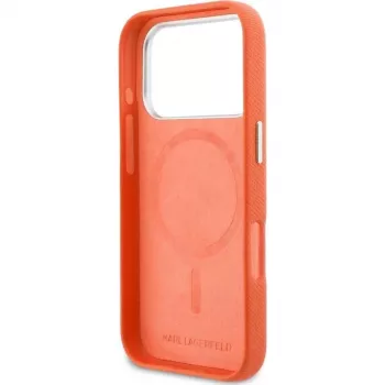 Husă MagSafe Karl Lagerfeld Karl & Choupette Head Pins Saffiano pentru iPhone 17 Pro Max – portocaliu