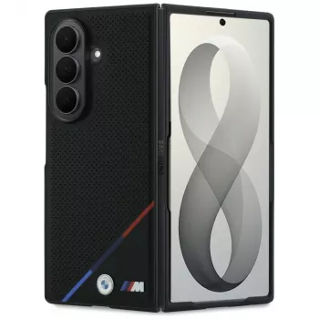 Husă MagSafe BMW M din piele perforată cu dungă tricoloră și logo-uri metalice pentru Samsung Galaxy Z Fold8 Ultra – neagră