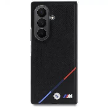 Husă MagSafe BMW M din piele perforată cu dungă tricoloră și logo-uri metalice pentru Samsung Galaxy Z Fold8 Ultra – neagră