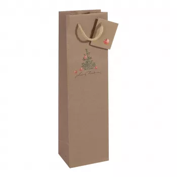 Pungi cadou de Crăciun pentru sticle SIGEL GT042 cu motiv măr, 10 x 35 cm, hârtie kraft, set de 5