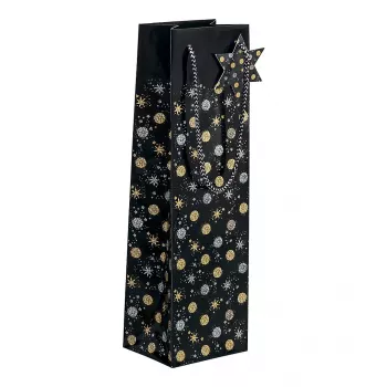 Pungă cadou SIGEL GT030 Stardust pentru 5 sticle, albastru închis cu accente metalice, mânere din șnur textil, 320 x 100 x 380 mm