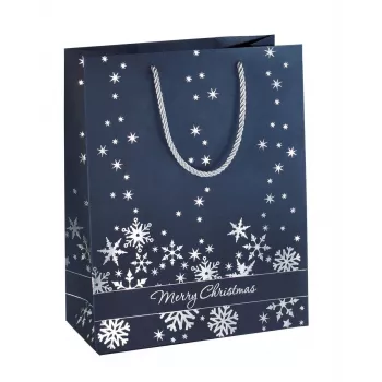 Set de pungi cadou SIGEL GT110 cu fulgi de nea argintii, set de 3, hârtie plastifiată, mânere din șnur textil alb, luciu metalic, pentru Crăciun și iarnă, 230 x 180 x 100 mm