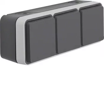 Hager WNC143 Priză triplă SCHUKO de suprafață cu capace rabatabile, IP55, gri