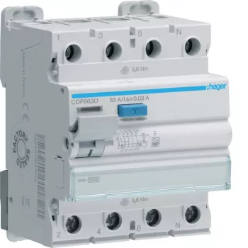 Hager CDF663D Întrerupător de protecție diferențială, 4 poli, 63 A, 30 mA, tip F, 10 kA