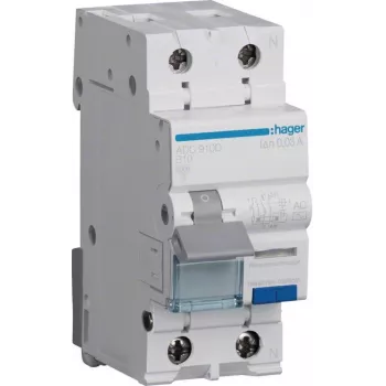 Hager ADC910D RCBO 2P 10A 30mA Tip AC Întrerupător diferențial cu protecție la supracurent