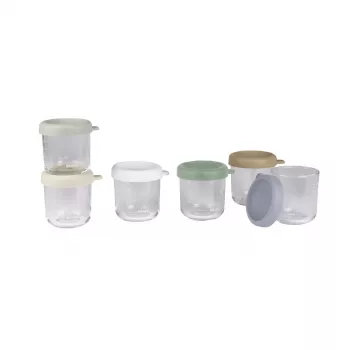 Set borcane din sticlă Beaba pentru depozitarea hranei pentru bebeluși cu capace etanșe, 6 x 250 ml, mix culori naturale