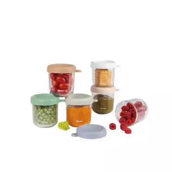 Set borcane din sticlă Beaba pentru depozitarea hranei pentru bebeluși cu capace etanșe, 6 x 250 ml, mix culori naturale
