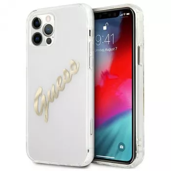 Husă rigidă GUESS Vintage Script Gold pentru Apple iPhone 12 Pro Max - transparent