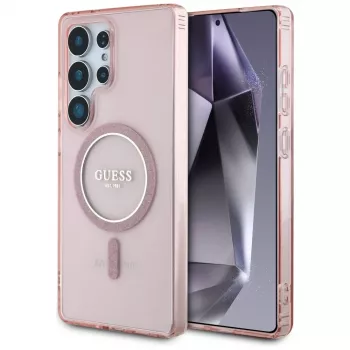 GUESS Glitter Circle Classic Logo Husă MagSafe pentru Samsung Galaxy S25 Ultra - roz