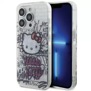 Hello Kitty HKHCP15LHDGPHT husă rigidă iPhone 15 Pro IML Kitty On Bricks Graffiti alb