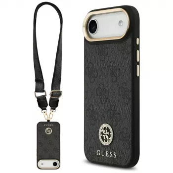 GUESS 4G Strass Logo husă MagSafe pentru iPhone Air cu butoane metalice și bretea de mână - neagră