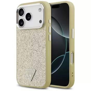 GUESS Glitter Triangle Logo husă MagSafe pentru iPhone 17 Pro - auriu