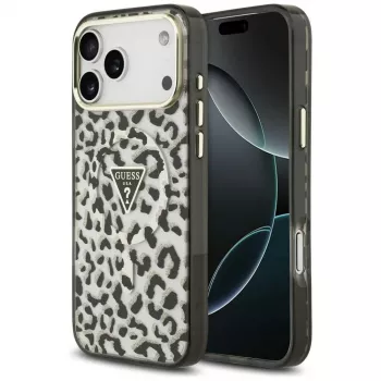 Husă GUESS IML Leopard Glitter Triangle Logo MagSafe pentru iPhone 18 Pro Max / 17 Pro Max - Negru