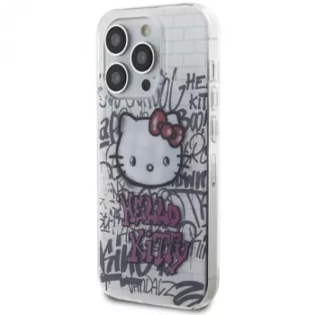 Husă rigidă Hello Kitty HKHCP15XHDGPHT pentru iPhone 15 Pro Max 6,7 inch Alb IML Kitty On Bricks Graffiti