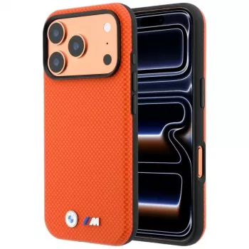 Husă MagSafe BMW M Quadrille Kevlar pentru iPhone 17 Pro Max / 18 Pro Max – Portocaliu cu logo metalic