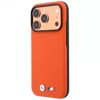 Husă MagSafe BMW M Quadrille Kevlar pentru iPhone 17 Pro Max / 18 Pro Max – Portocaliu cu logo metalic