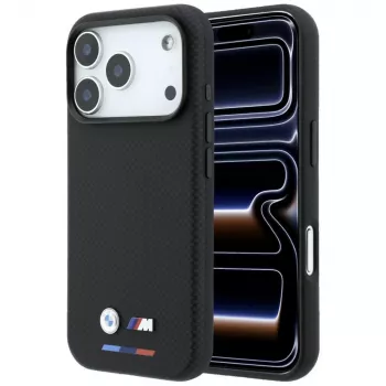 Husă MagSafe BMW M Quadrille Kevlar pentru iPhone 18 Pro Max / 17 Pro Max - Negru cu tricolor și logo metalic