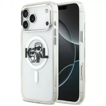 Husă MagSafe Karl Lagerfeld IML Glitter Karl & Choupette Sketch Logo pentru iPhone 17 Pro Max, transparentă