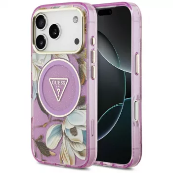 Husă MagSafe GUESS IML Glitter Flowers Triangle pentru iPhone 18 Pro / 17 Pro - Violet