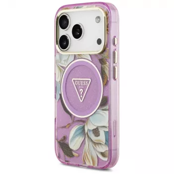Husă MagSafe GUESS IML Glitter Flowers Triangle pentru iPhone 18 Pro / 17 Pro - Violet