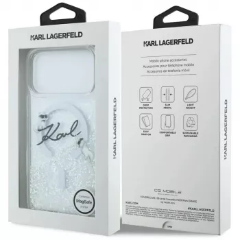 Husă MagSafe Karl Lagerfeld Liquid Glitter Karl Script Logo pentru iPhone 17 Pro transparentă