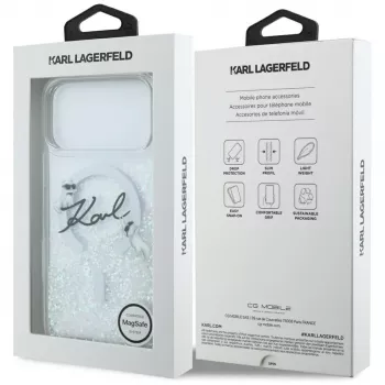 Husă MagSafe Karl Lagerfeld Liquid Glitter Karl Script Logo pentru iPhone 17 Pro Max, transparentă