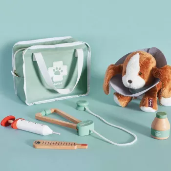 Set veterinar Janod - set de joc de rol cu 10 piese cu instrumente din lemn și geantă de transport din material textil