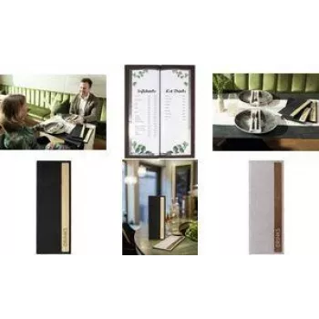 Suport pentru meniu de băuturi SIGEL GM221 A4, gri deschis/maro, piele ecologică cu fetru, reîncărcabil, 4 pagini de vizualizare