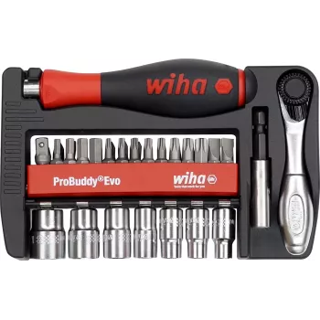 Set de 40 de biți și chei tubulare WIHA 46960 Evo, antrenare 1/4 inch, oțel crom-vanadiu, cu clichet cu 72 de dinți, chei tubulare 5,5-13 mm, biți: plat, Phillips, Pozidriv, Torx, hex, în valiză robustă