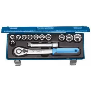 Set de chei tubulare metrice GEDORE cu antrenare 1/2 inch, 13 piese, hexagon 6, 10-32 mm, cu clichetă, prelungitoare și articulație cardanică, în cutie de oțel