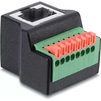 Adaptor Delock de la mamă RJ45 la bloc de borne cu 8 pini, cotit 90°, buton, negru