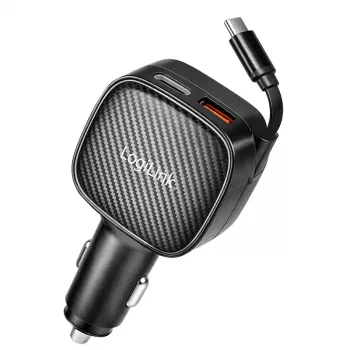 Încărcător auto USB LogiLink PA0295, 3 porturi, cu cablu USB-C retractabil, 60W, PD, QC, negru