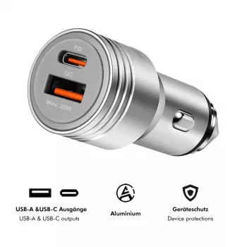 Încărcător auto USB LogiLink, 2 porturi, încărcare rapidă 20 W, argintiu