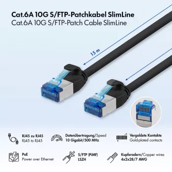 LogiLink Cablu patch Cat.6A Slim S/FTP LSZH, negru, 15 m, SlimLine