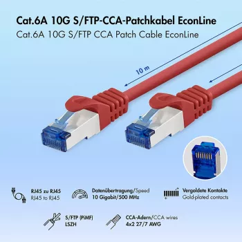 LogiLink Cablu patch Cat.6A CCA S/FTP LSZH, roșu, 10 m, EconLine