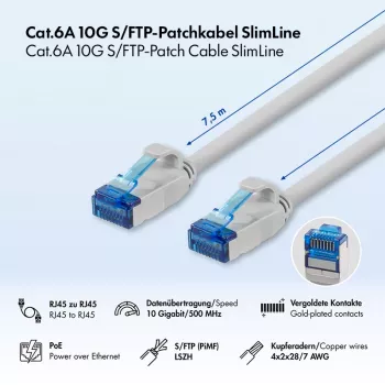 LogiLink Cablu patch Cat.6A Slim S/FTP LSZH, gri, 7,5 m, SlimLine