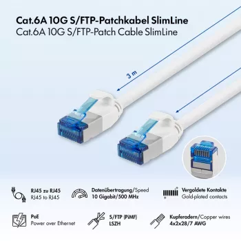 LogiLink SlimLine Cablu patch Cat.6A S/FTP LSZH, alb, 3 m