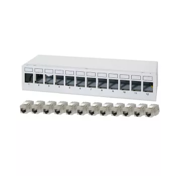 Patch panel de birou LogiLink NK4093 Cat.6A, 12 porturi, gri deschis (RAL 7035), ecranat, oțel fără șuruburi
